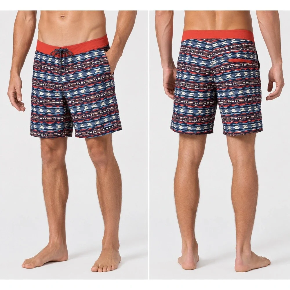 Patagonia Mens Board Shorts Size 35 Blue Red Geometric Wave Print Swim Trunks